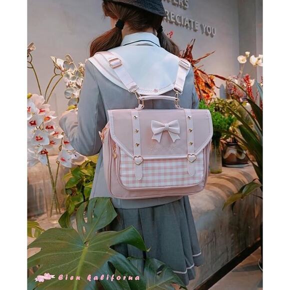 Pink Gingham Bow Satchel Backpack with Heart Accents – Kawaii Style - Picture 4 of 5